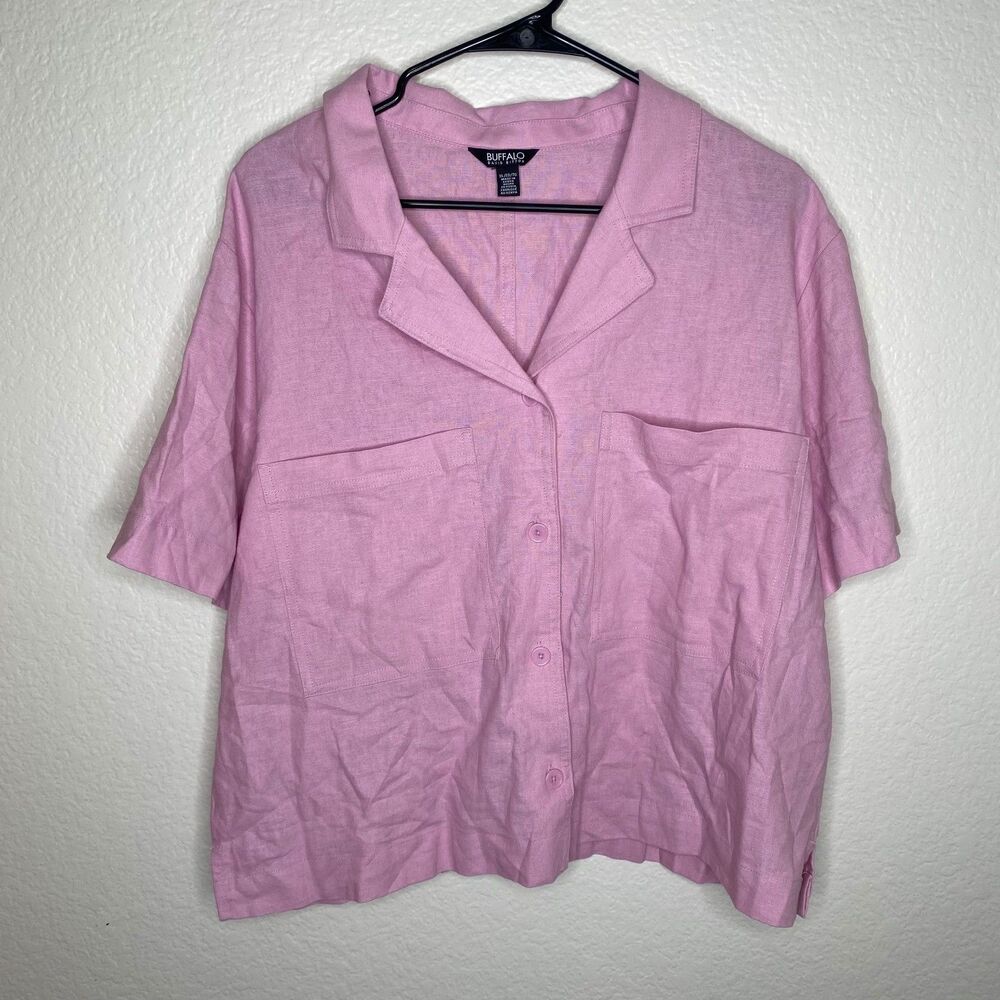 Buffalo David Bitton womens pink button up top linen blend flowy boxy crop XL